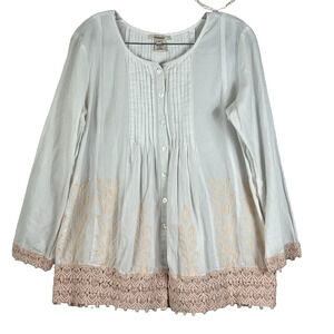 SUNDANCE Blouse Tunic Women's M Ivory Long Sleeve Heart Lace Trim Embroidered